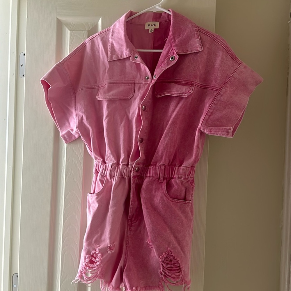 Bibi contrast Half Snap Frayed Hem Washed Elastic Waistband Romper blush/pink